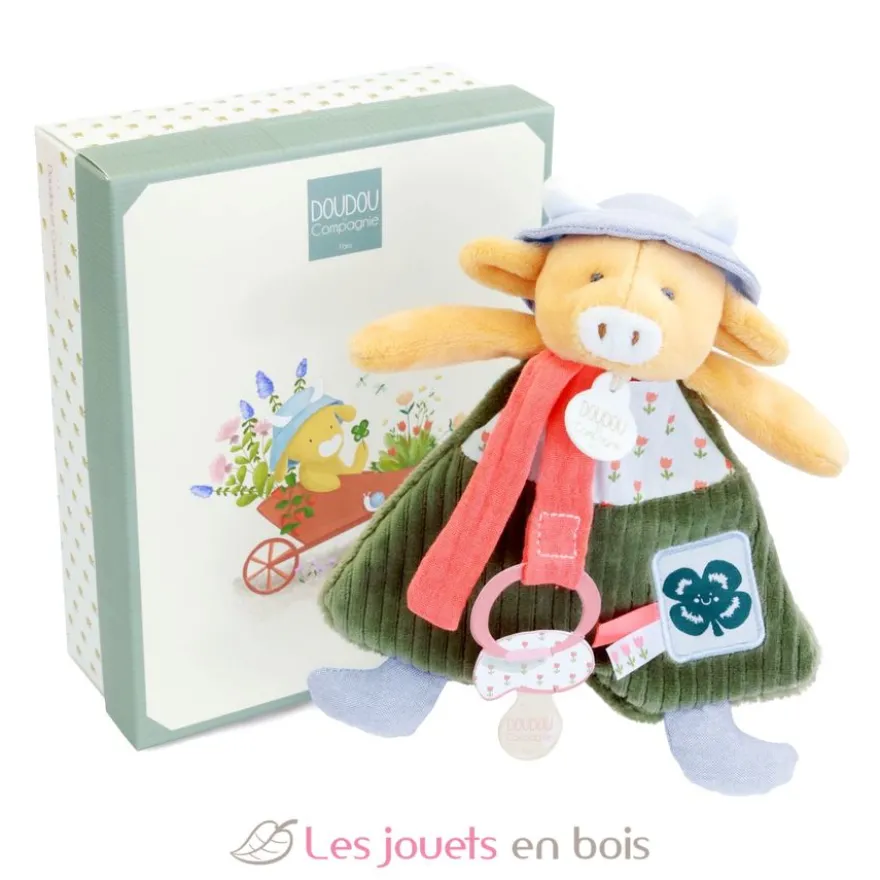 Doudou attache-sucette Vache Aneth vert 19 cm - Doudou et Compagnie