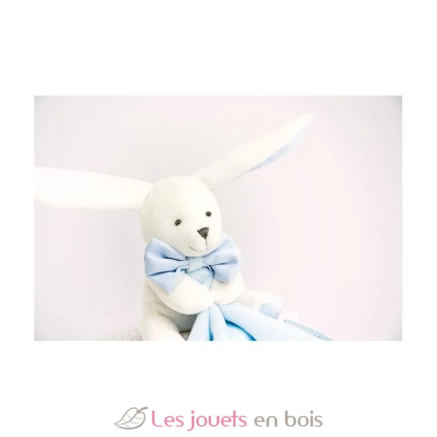 Doudou Lapin Mouchoir bleu boite Fleur - Doudou et Compagnie