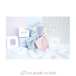 Doudou Lapin Mouchoir bleu boite Fleur - Doudou et Compagnie