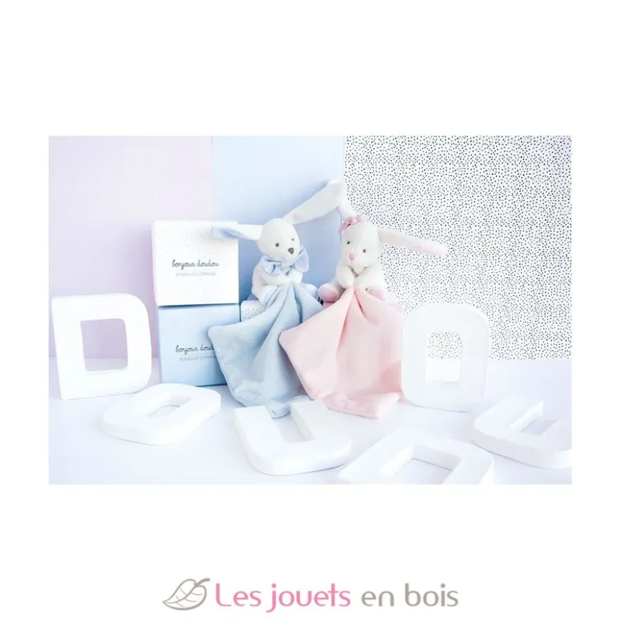 Doudou Lapin Mouchoir rose boite Fleur - Doudou et Compagnie
