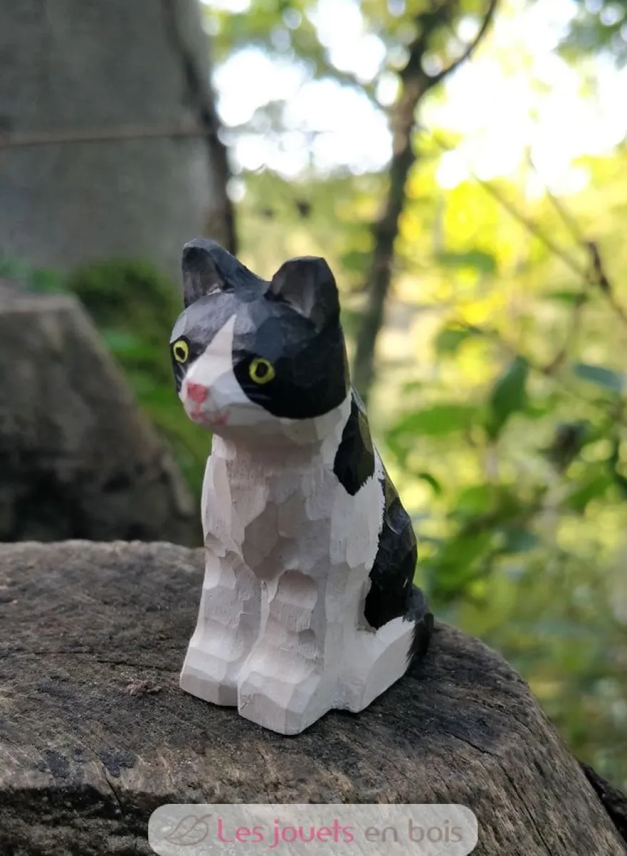 Figurine chat en bois noir et blanc - Wudimals