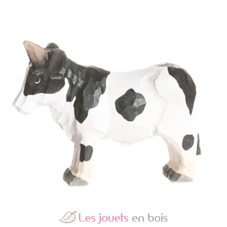 Figurine Taureau en bois noir et blanc - Wudimals