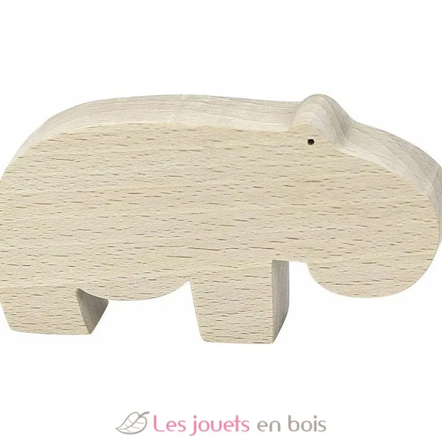 Hippopotame Pompon beige bois naturel Vilac