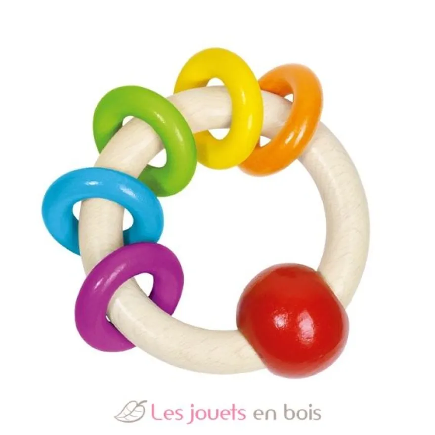 Hochet en bois avec 5 anneaux arc-en-ciel - Goki