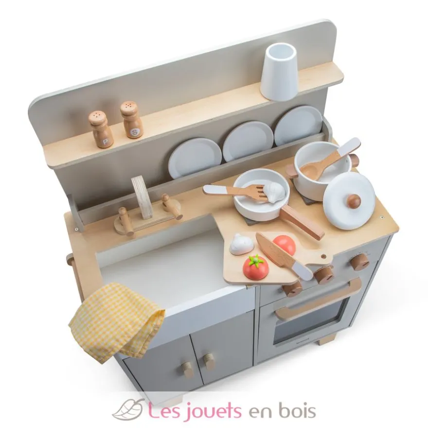 Kitchenette en bois pour enfant gris beige - New Classic Toys