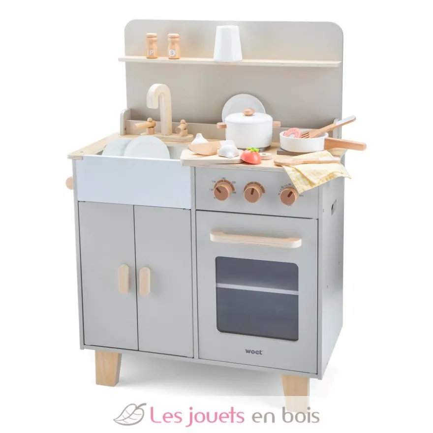 Kitchenette en bois pour enfant gris beige - New Classic Toys