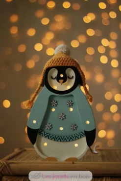 Lampe veilleuse en bois pingouin bleu - Little Light