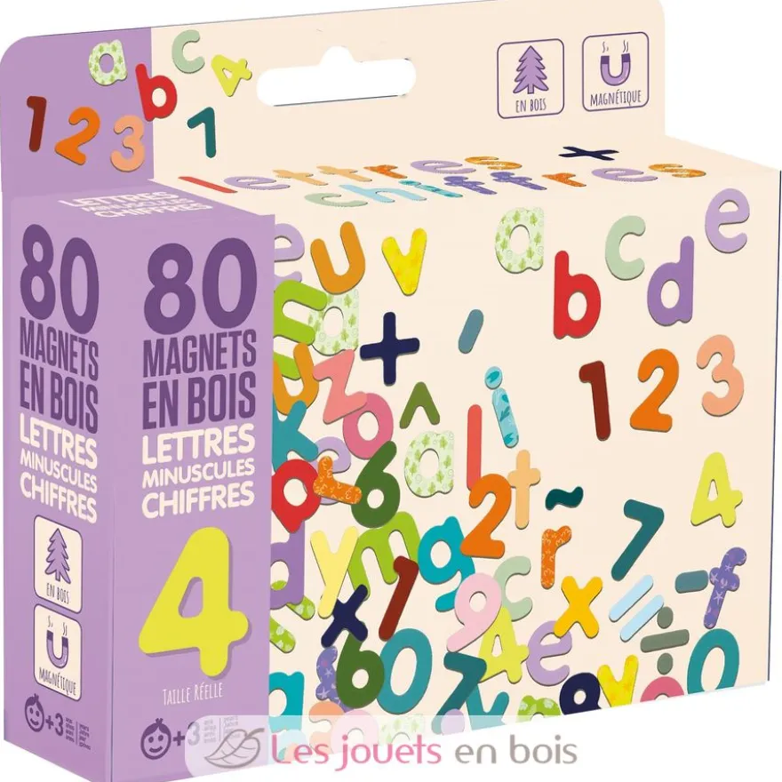 Magnets en bois - Lettres minuscules et Chiffres - Jeujura