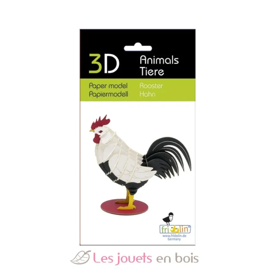Maquette 3D en papier Coq noir et blanc - Fridolin