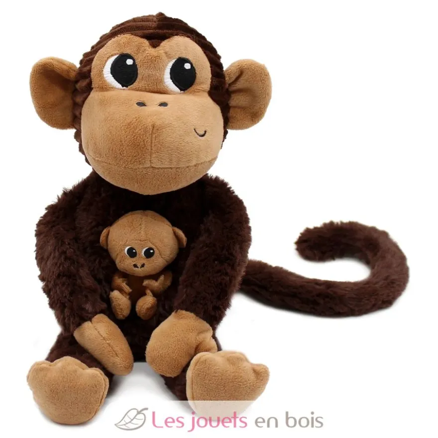 Peluche singe maman et son bébé marron chocolat - Les Déglingos