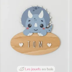 Plaque de porte en bois personnalisable Tricératops - Vintiun