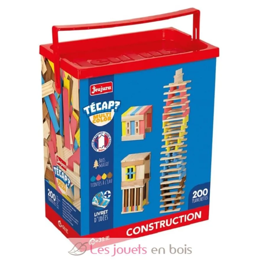 Tecap Multicolor 200 pièces - Planchettes de construction en bois - Jeujura