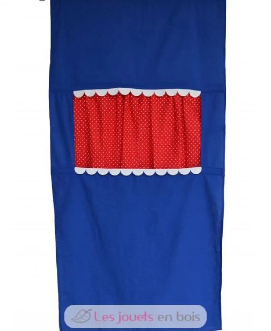 Théâtre de porte en tissu bleu avec rideaux rouges à pois blancs - Mù