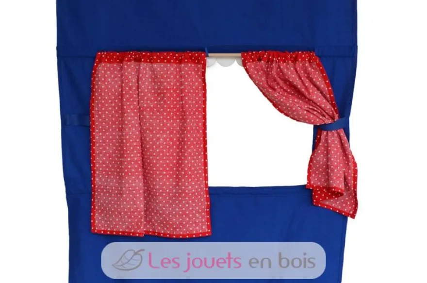 Théâtre de porte en tissu bleu avec rideaux rouges à pois blancs - Mù