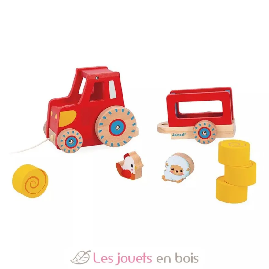 Tracteur rouge en bois à tirer - Janod
