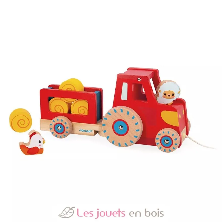 Tracteur rouge en bois à tirer - Janod