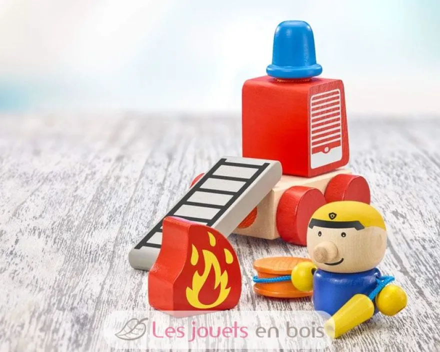 Véhicule de pompiers en bois, velcro 7 pcs - Selecta